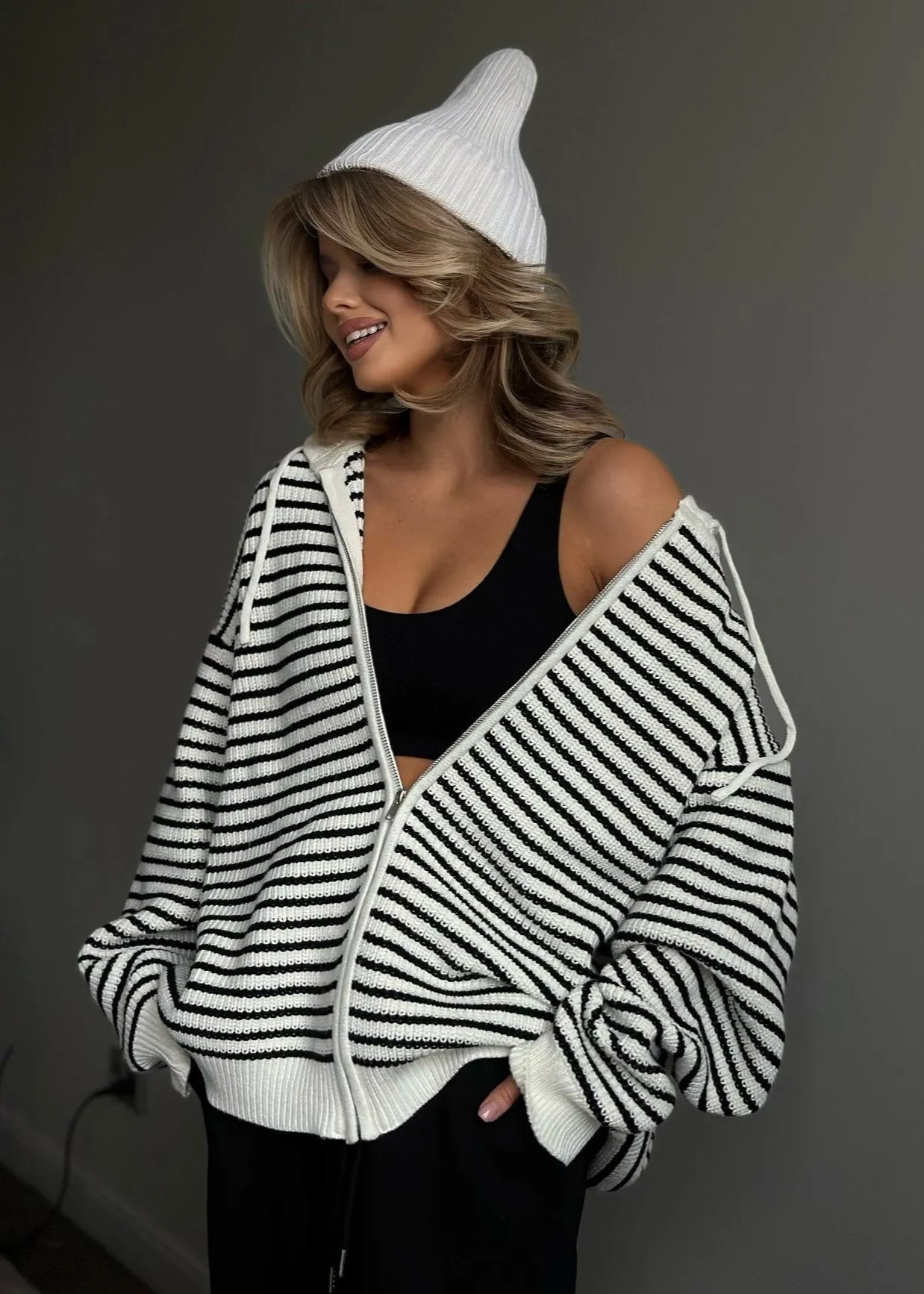 Aubrey Striped Oversized Zip-Up Hoodie