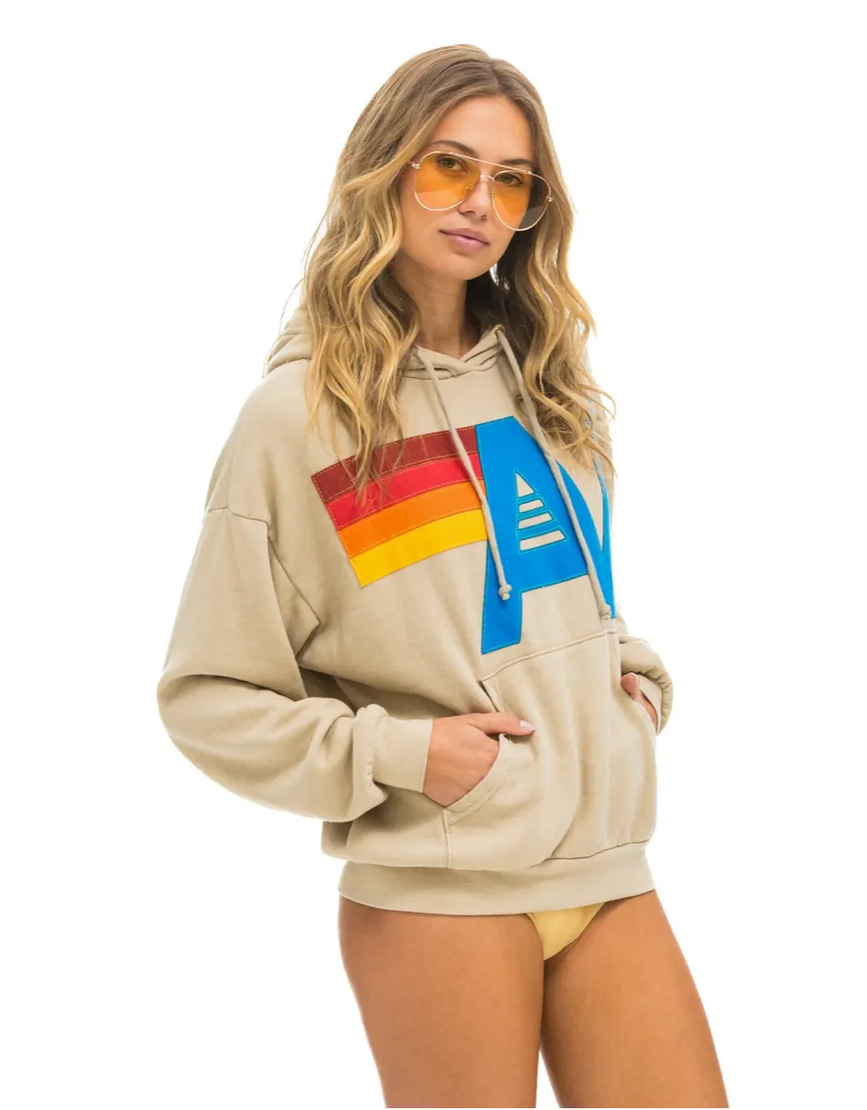 AVIATOR NATION  LOGO STITCH UNISEX PULLOVER RELAXED HOODIE - SAND