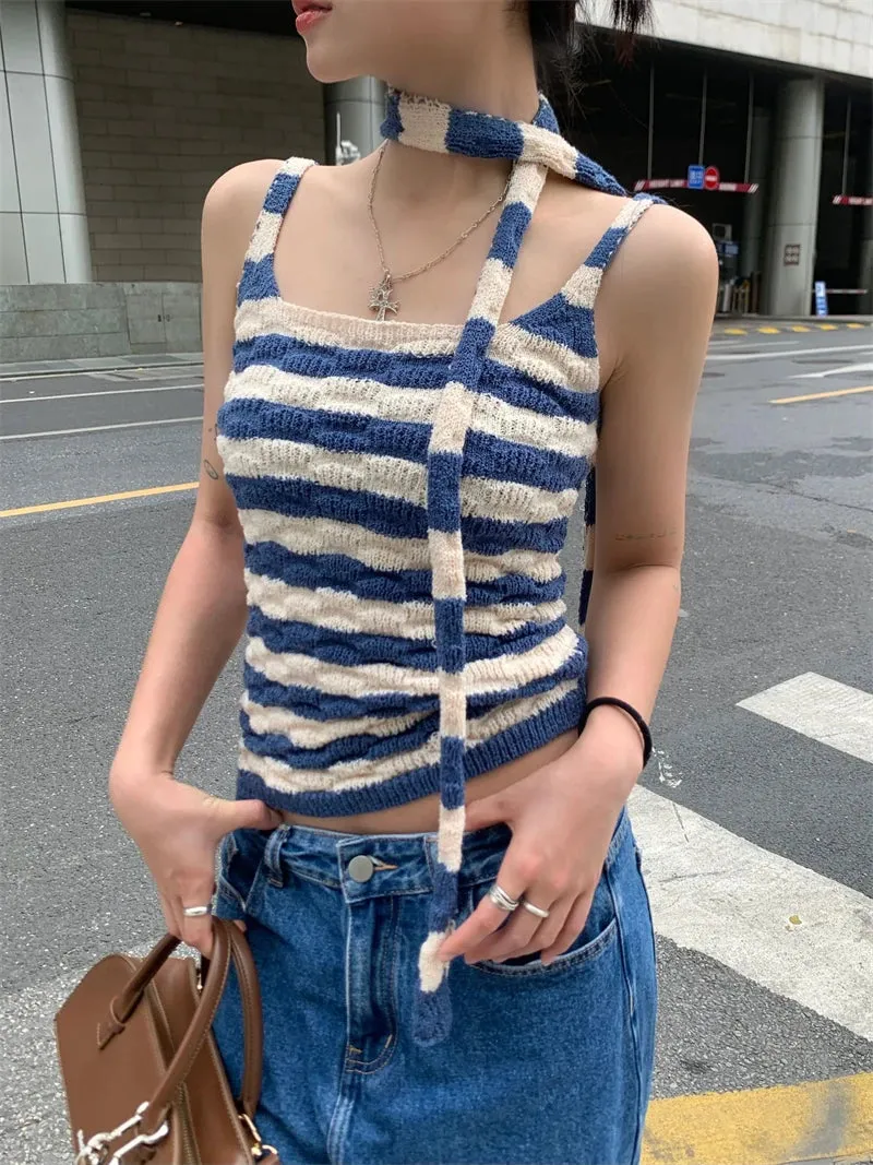 Benuynffy Striped Knit Cami Retro Sweet Halter Korean Fashion Square Collar Sleeveless Short Summer Crop Top