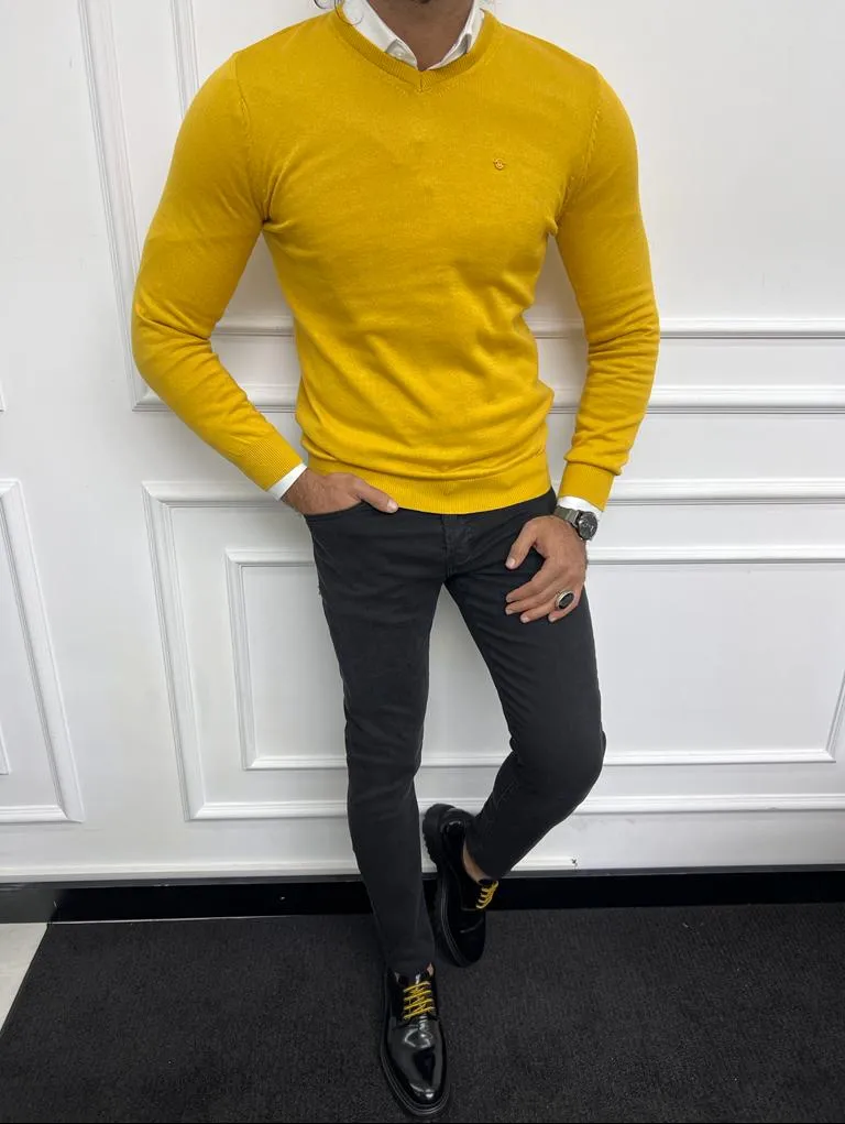 Bojoni Astoria Yellow Slim Fit V-Neck Sweater