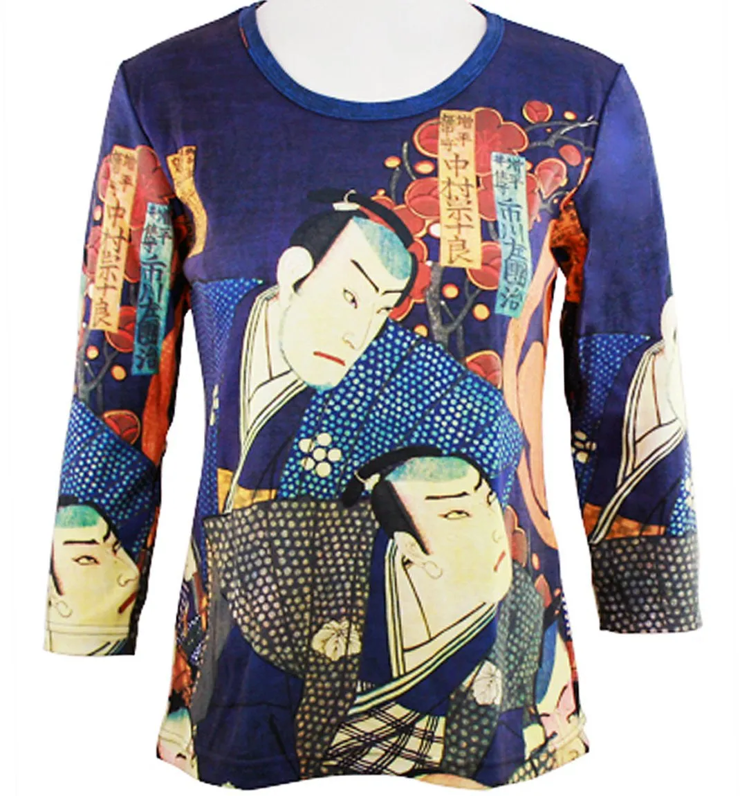 Breeke - Samurai's, Scoop Neck, Hand Silk Screened 3/4 Sleeve Artistic Top