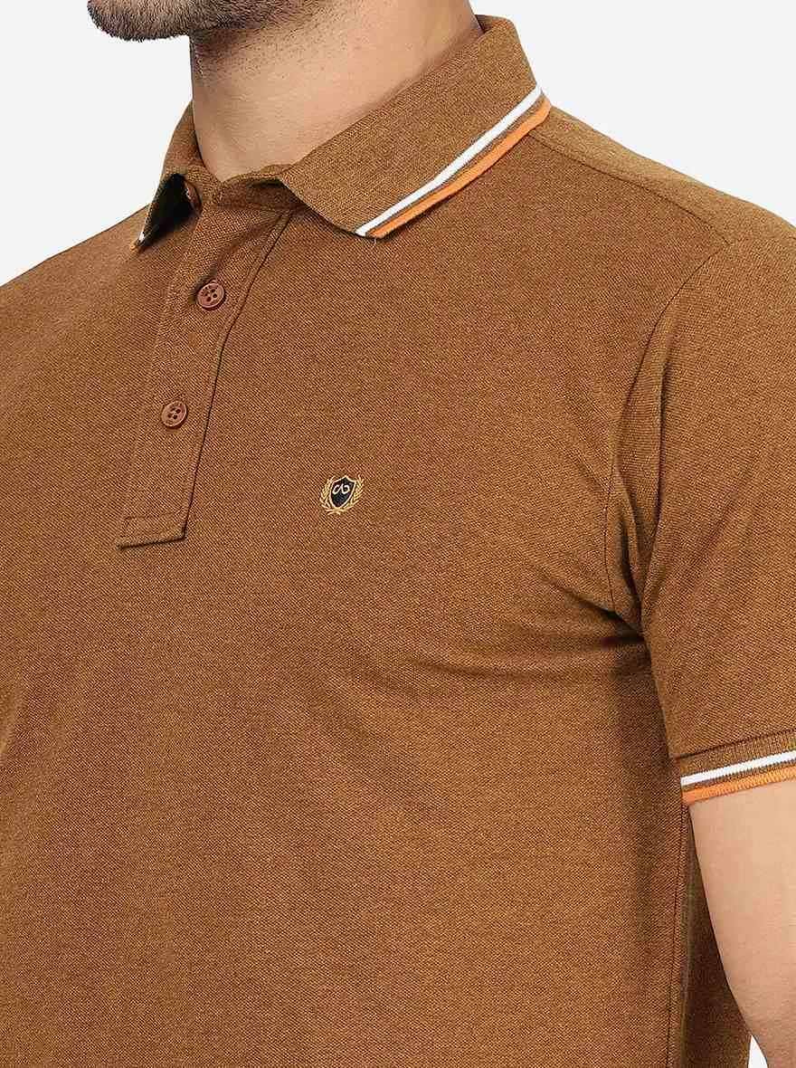 Brown Melange Solid Slim Fit Polo T-Shirt | JadeBlue