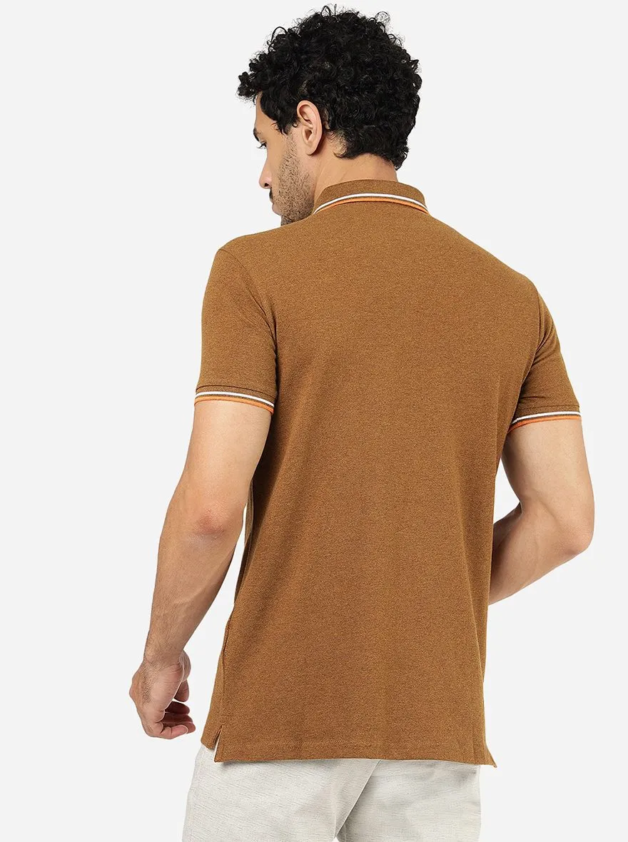 Brown Melange Solid Slim Fit Polo T-Shirt | JadeBlue