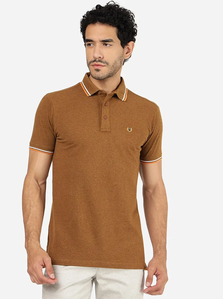 Brown Melange Solid Slim Fit Polo T-Shirt | JadeBlue