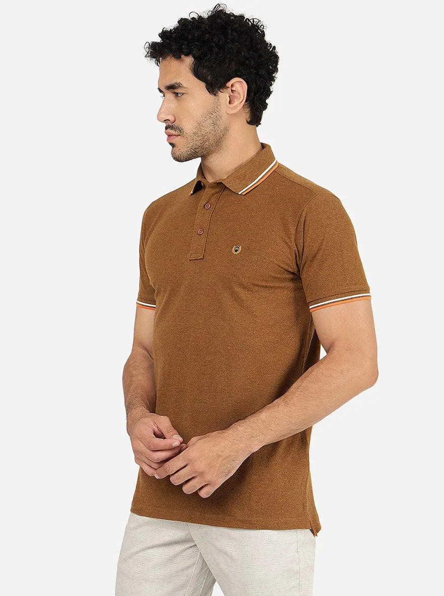 Brown Melange Solid Slim Fit Polo T-Shirt | JadeBlue