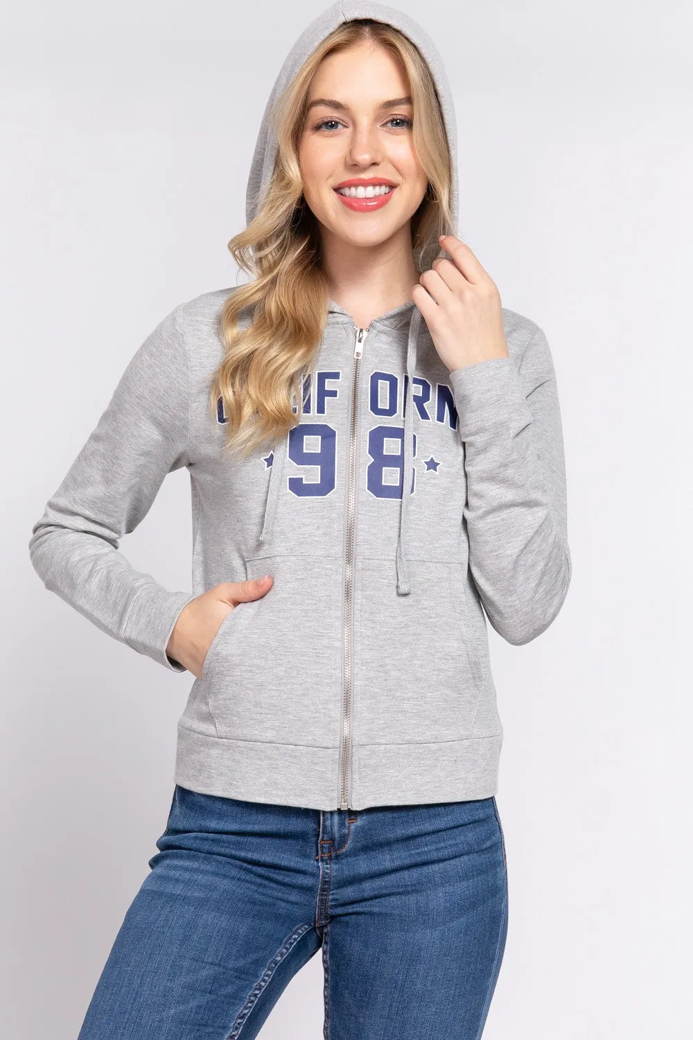 CALIFORNIA Zip Up Drawstring Long Sleeve Hoodie