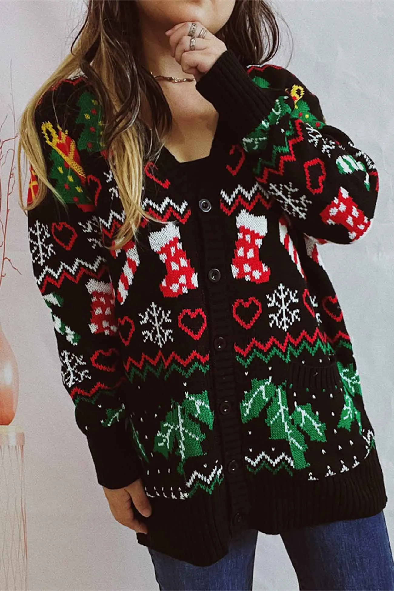 Christmas V Neck Jacquard Cardigan