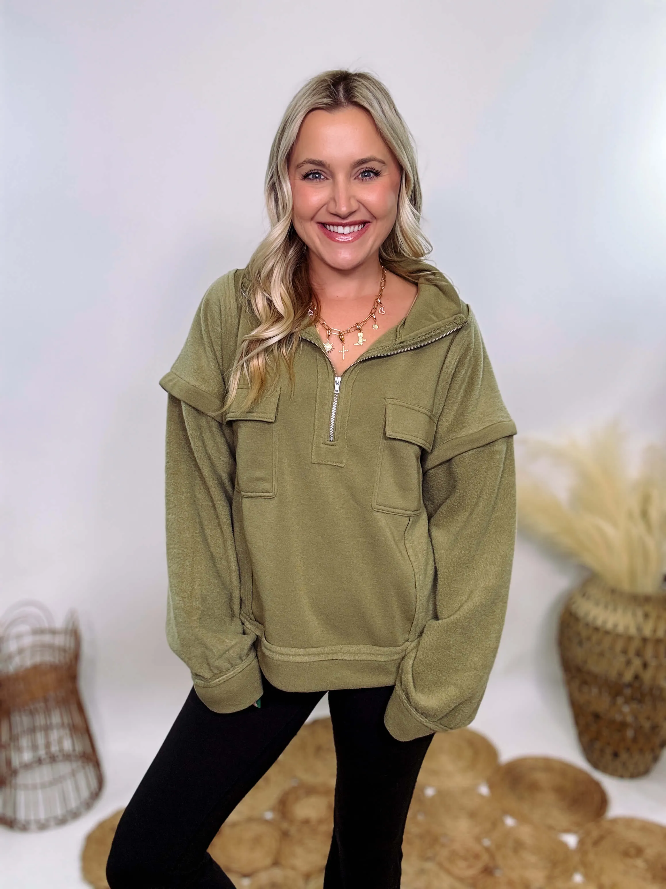 Cozy Soft Olive Quarter Zip Pullover