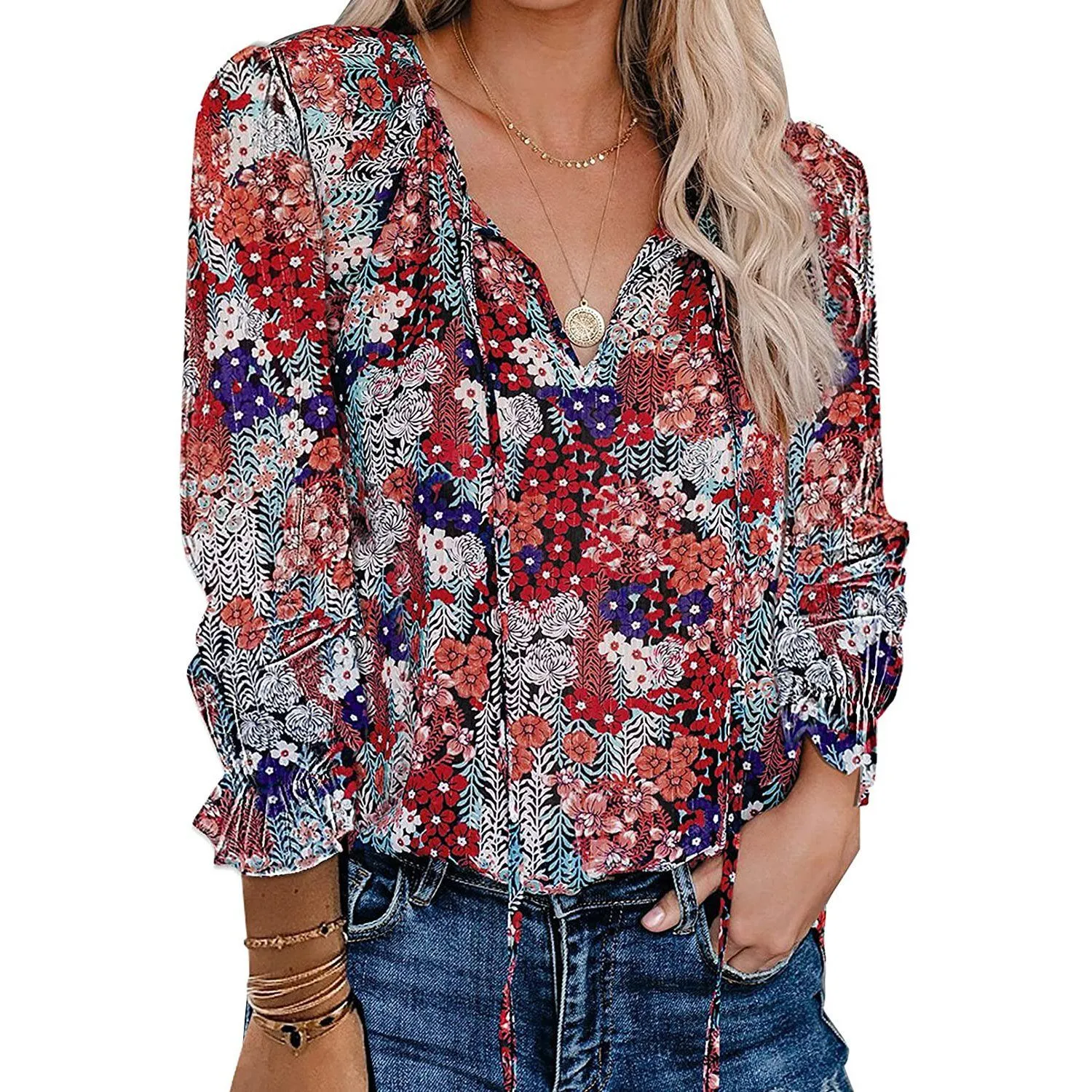 Dokotoo Women's Casual Boho Floral Printed V-Neck Top