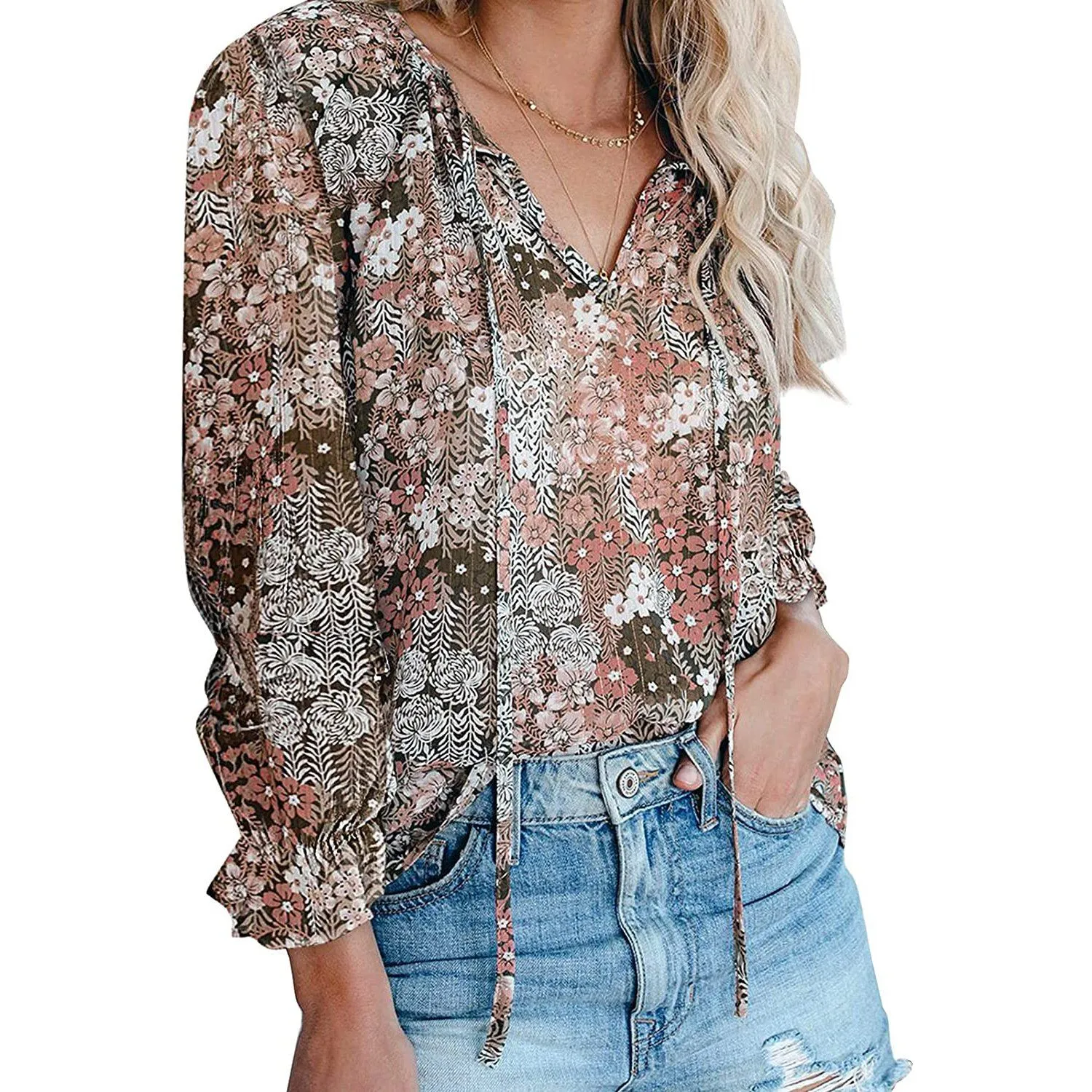 Dokotoo Women's Casual Boho Floral Printed V-Neck Top