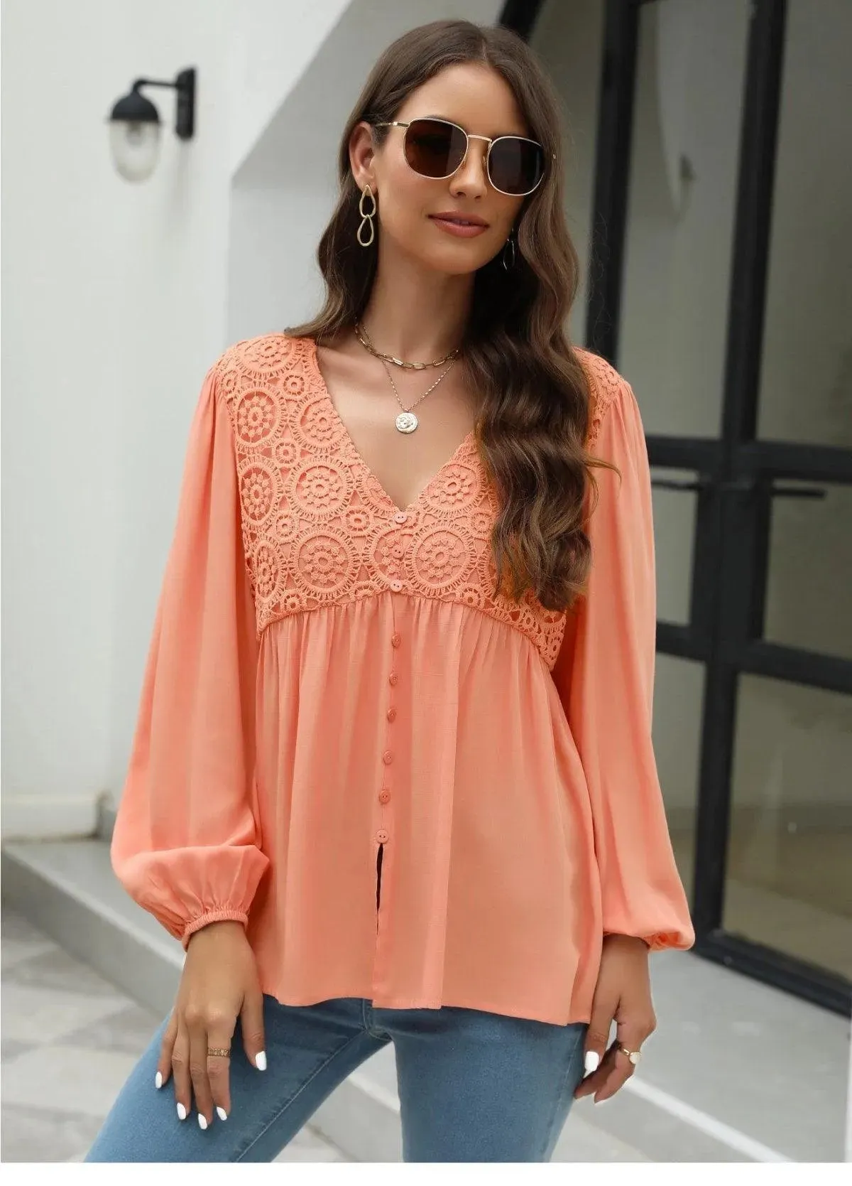 Elegant Lace Embroidered Lantern Sleeve Buttoned Blouse