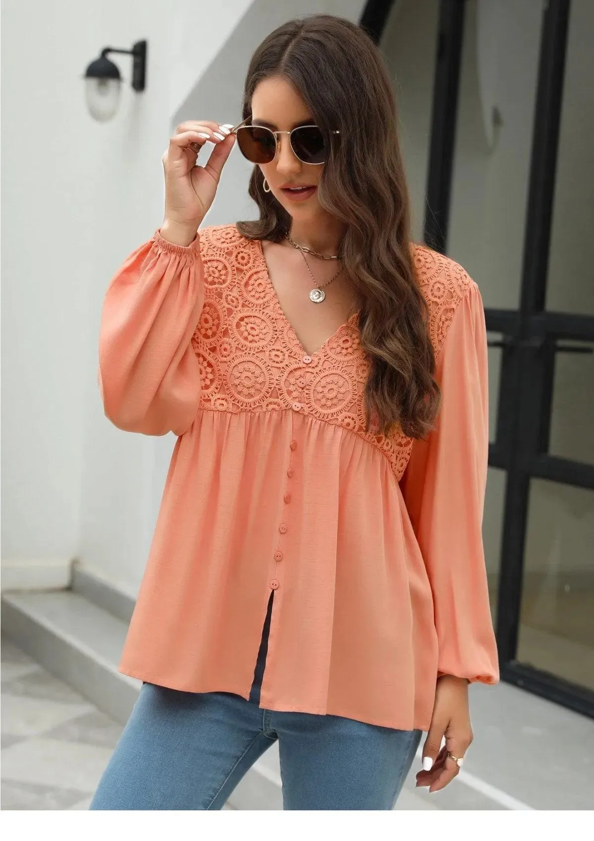 Elegant Lace Embroidered Lantern Sleeve Buttoned Blouse