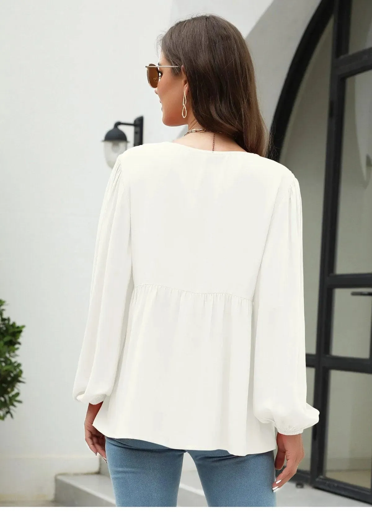 Elegant Lace Embroidered Lantern Sleeve Buttoned Blouse