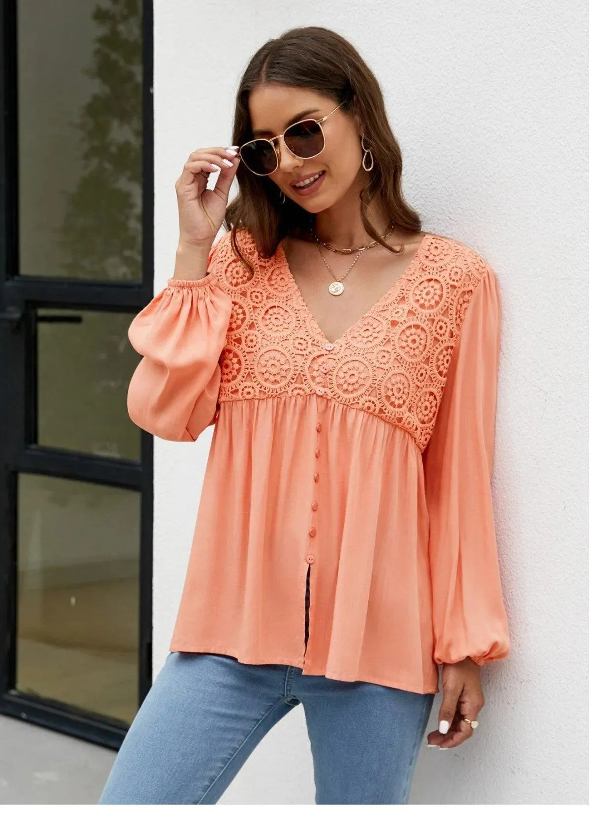 Elegant Lace Embroidered Lantern Sleeve Buttoned Blouse