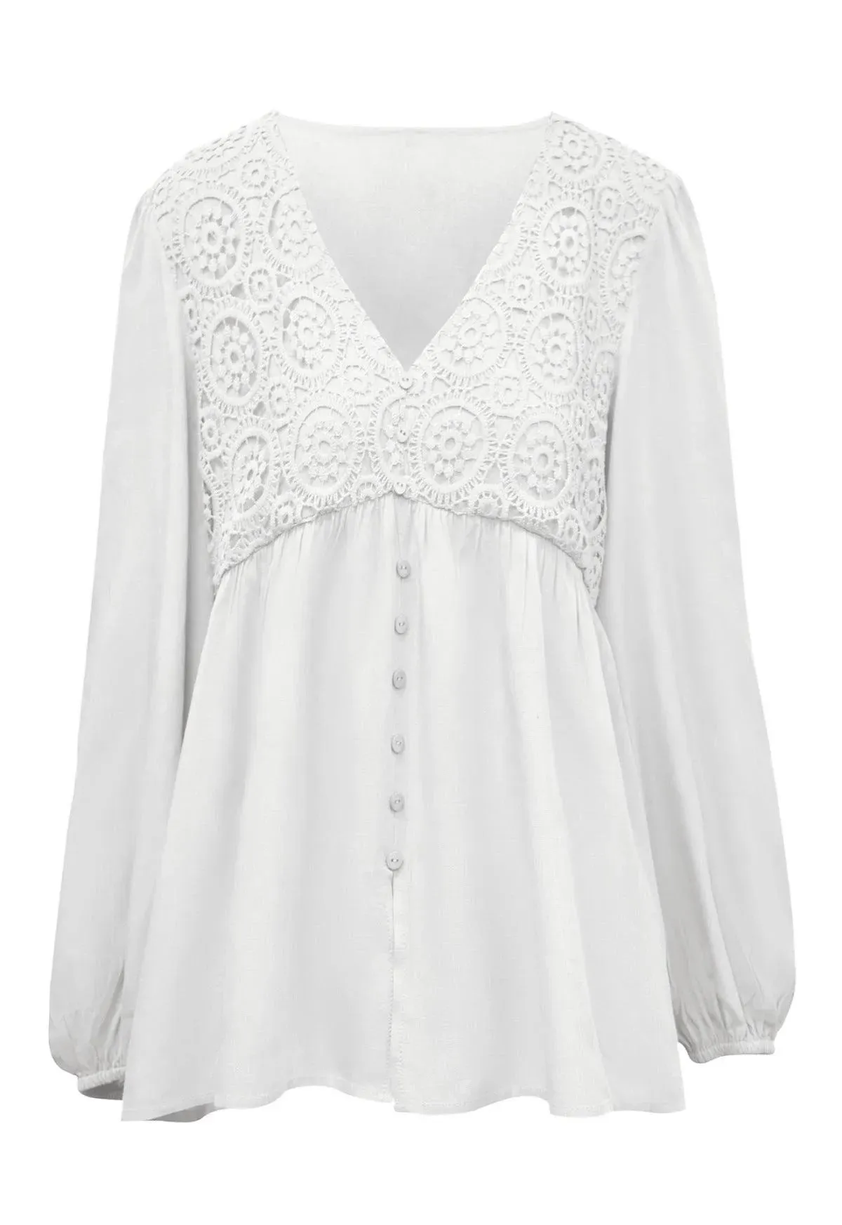 Elegant Lace Embroidered Lantern Sleeve Buttoned Blouse