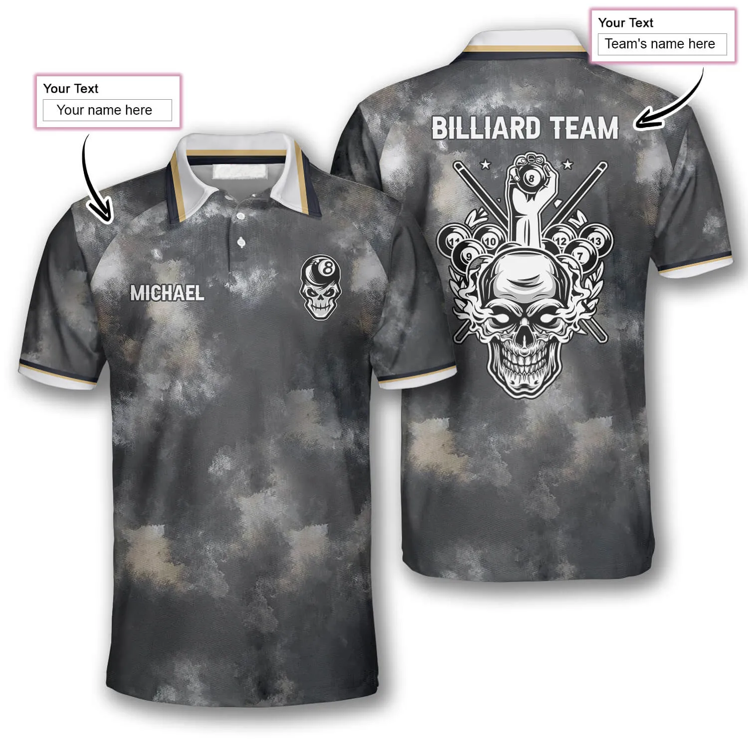 Faded Skull Custom Billiard Shirts for Men, Custom Billiard Shirts for Team, Billiard Polo Shirts