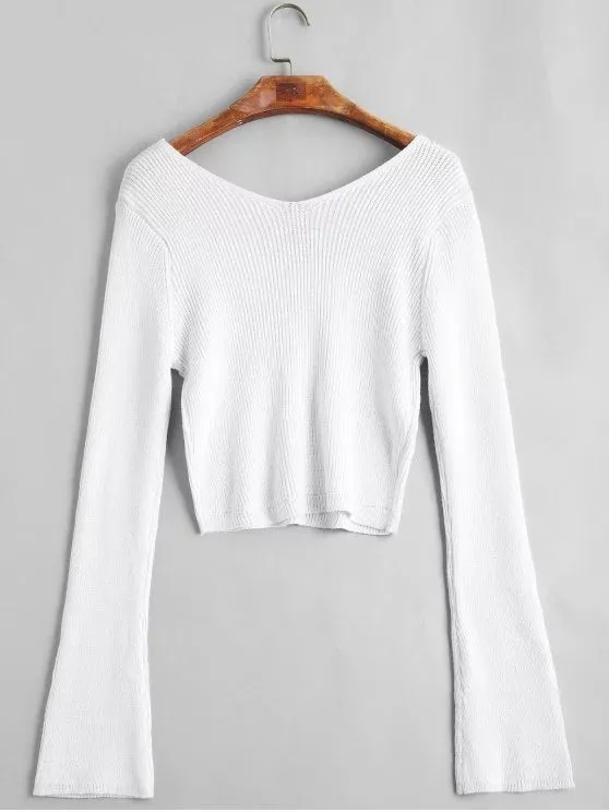 Fun Flare Sleeve Cropped V Neck Sweater