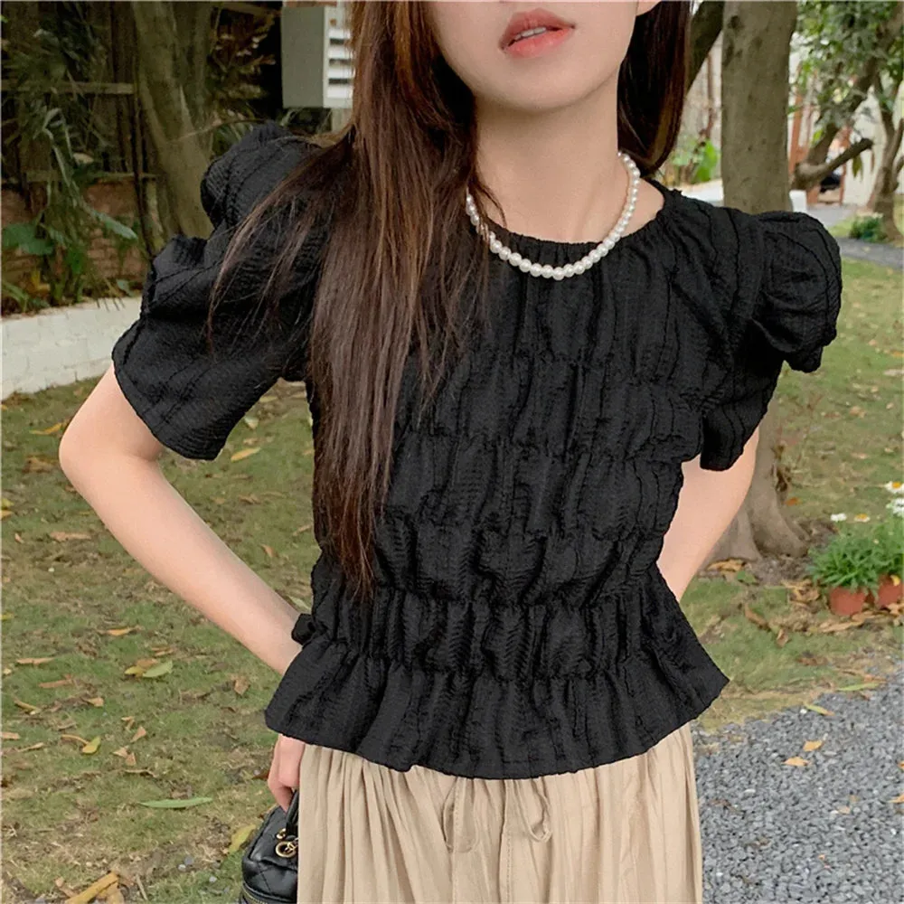 Girlary French Solid Blouses Women Chic Elegant Mujer New Gentle Casual Summer Short Sleeve Work Wear Slim-Fit Blusas