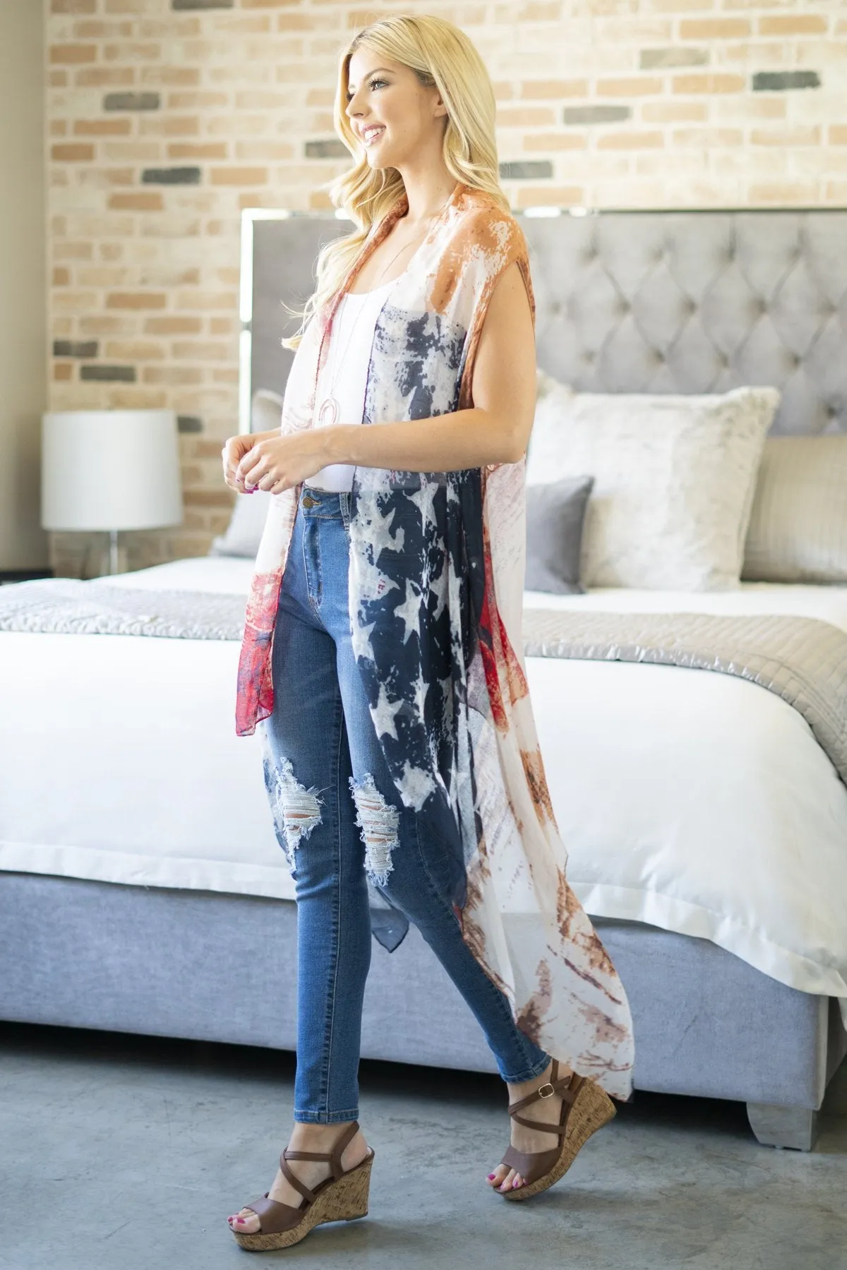 Hdf2839 - Faded Usa Accent Open Front Kimono Vest