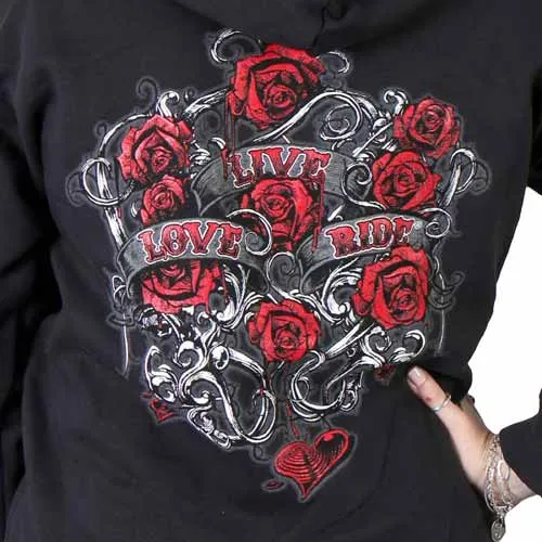 Hot Leathers GLZ4246 Ladies Black Hoodie Sweatshirt with Live, Love, Ride and Roses Artwor