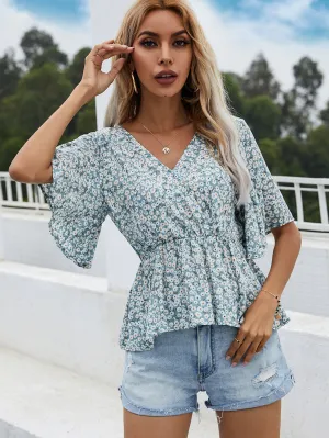 KittenAlarm - Surplice Neck Dolman Sleeve Ditsy Floral Peplum Top