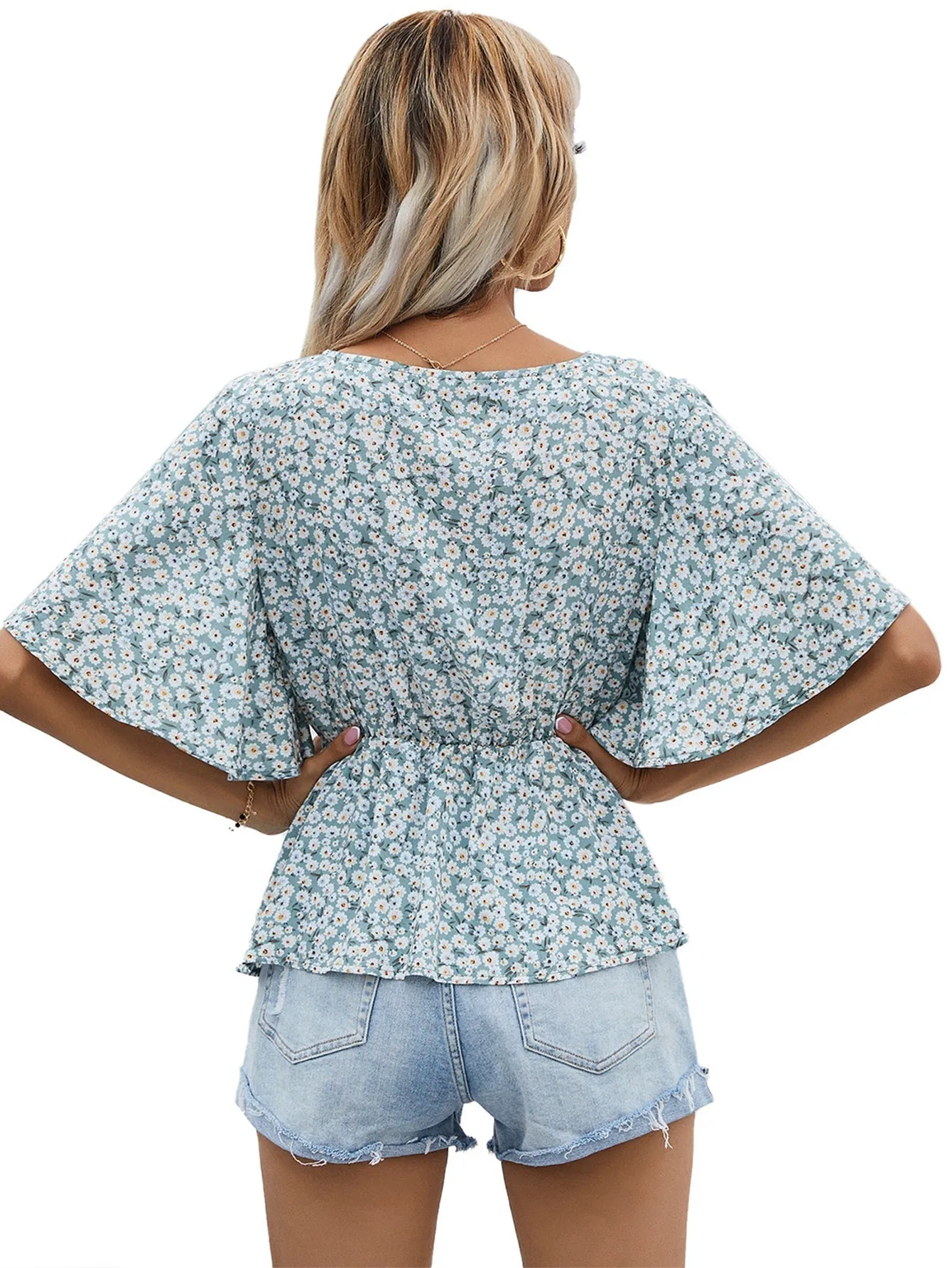 KittenAlarm - Surplice Neck Dolman Sleeve Ditsy Floral Peplum Top