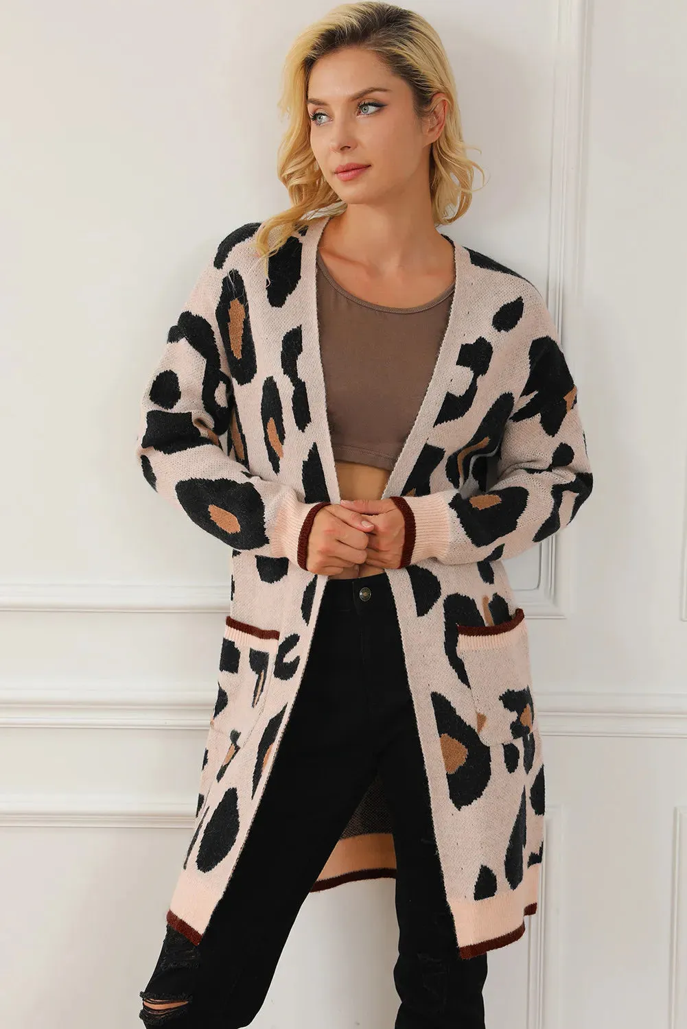 Leopard Open Front Long Sleeve Cardigan