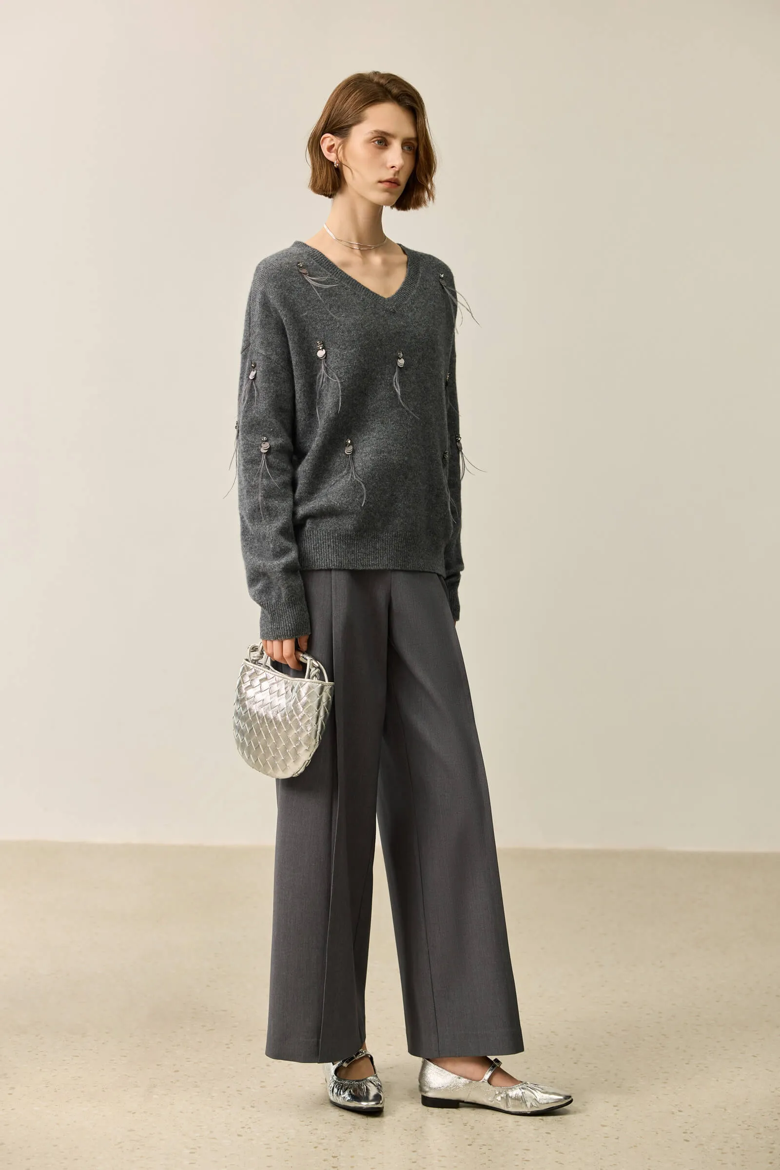 LILY Grey-Tone Wool V-Neck Sweater