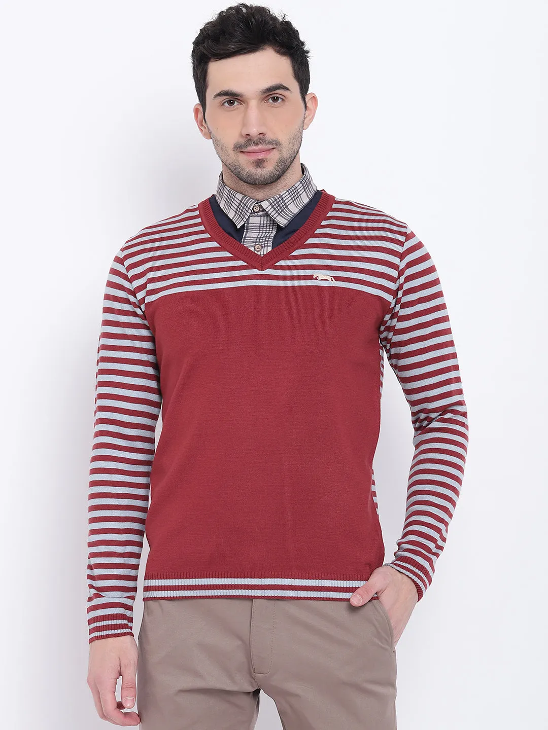 Men Casual Striped Red Sweaters