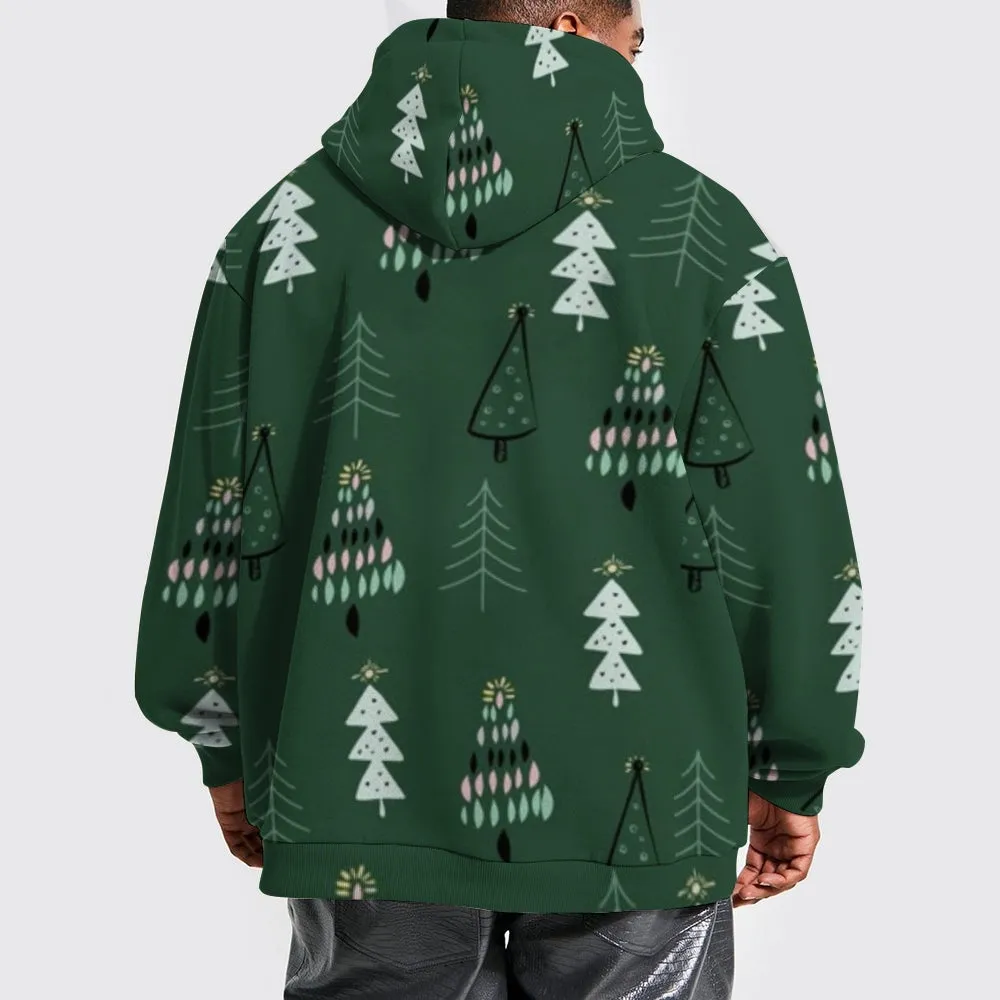 Mens Christmas Festival Tree Graphic Pullover With Kangaroo Pocket Hoodies