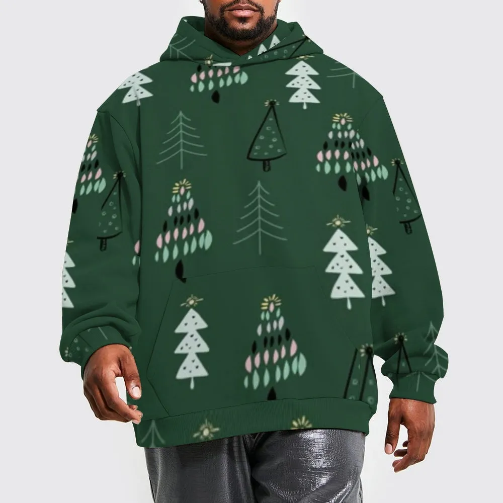 Mens Christmas Festival Tree Graphic Pullover With Kangaroo Pocket Hoodies