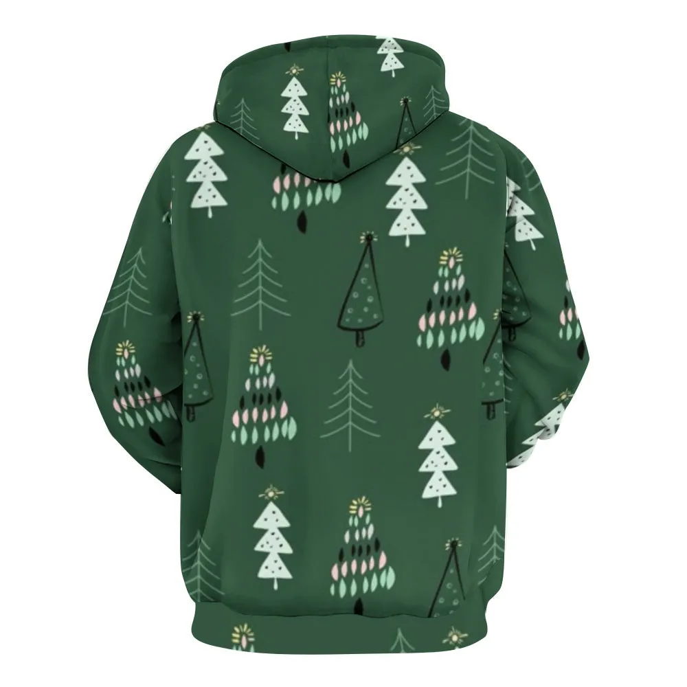 Mens Christmas Festival Tree Graphic Pullover With Kangaroo Pocket Hoodies