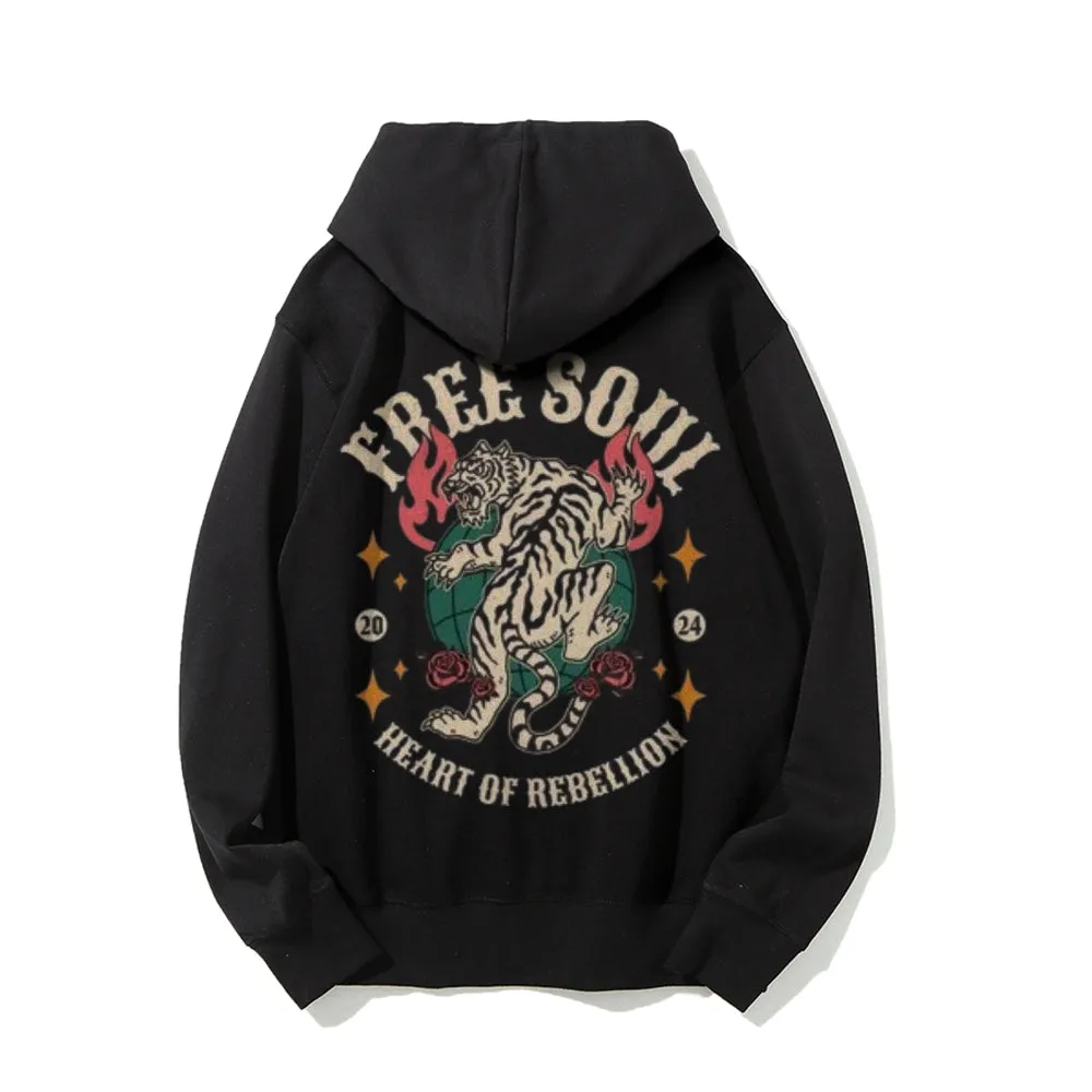 Mens FREE SOUL Tiger Graphic Hoodies