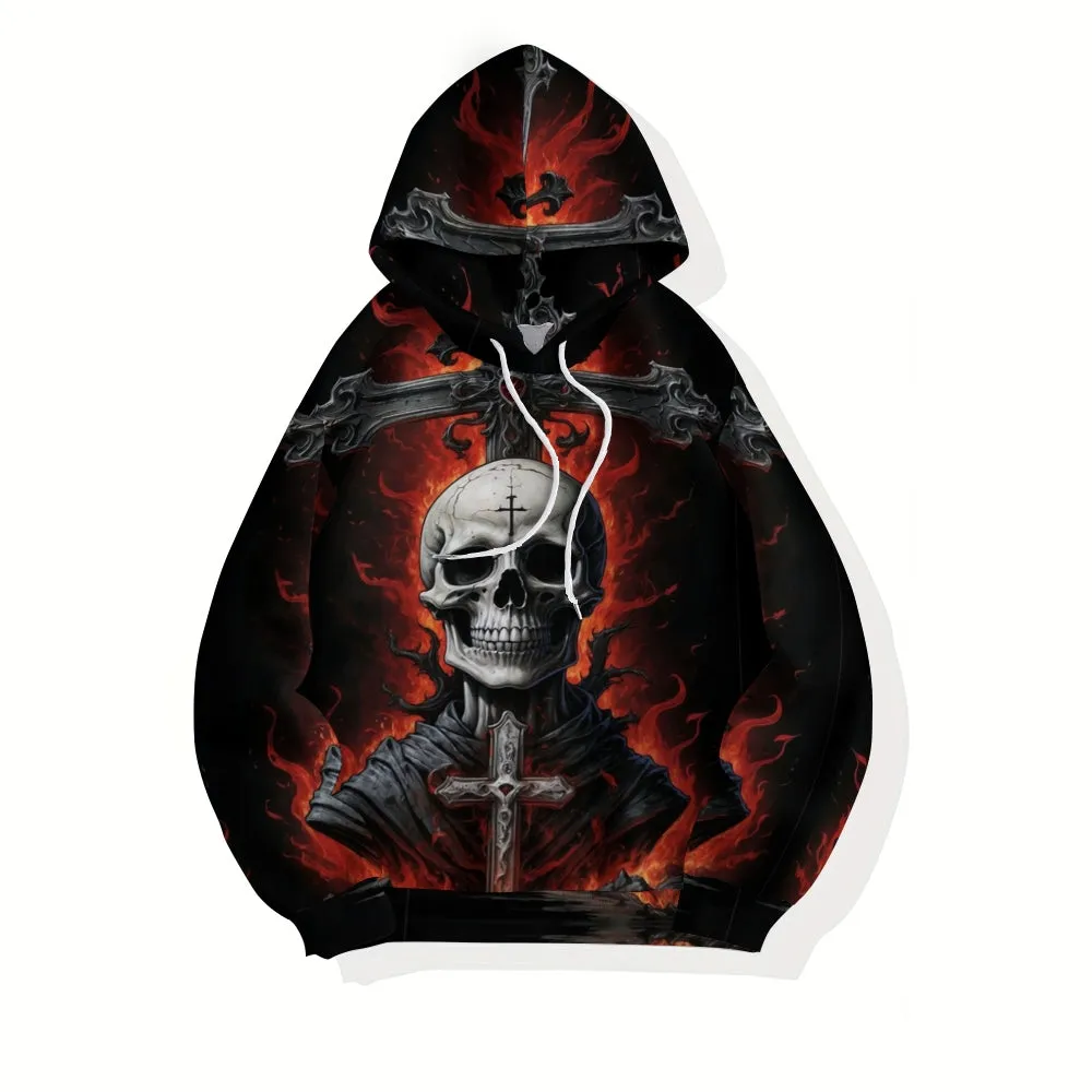 Mens Halloween Skull in Fire 3D Print Hoodies