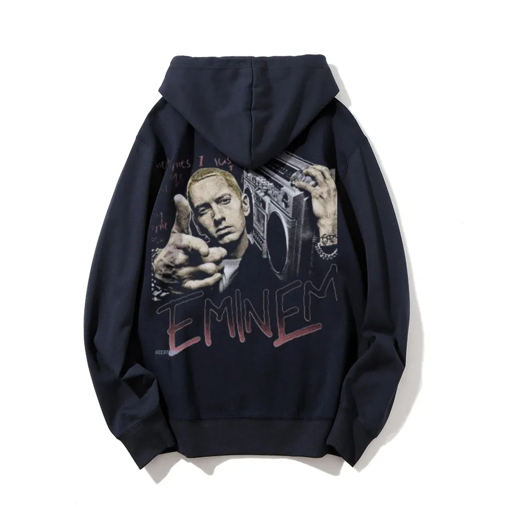 Mens Vintage Eminem Darkness Style Print Graphic Pullover With Kangaroo Pocket Hoodies