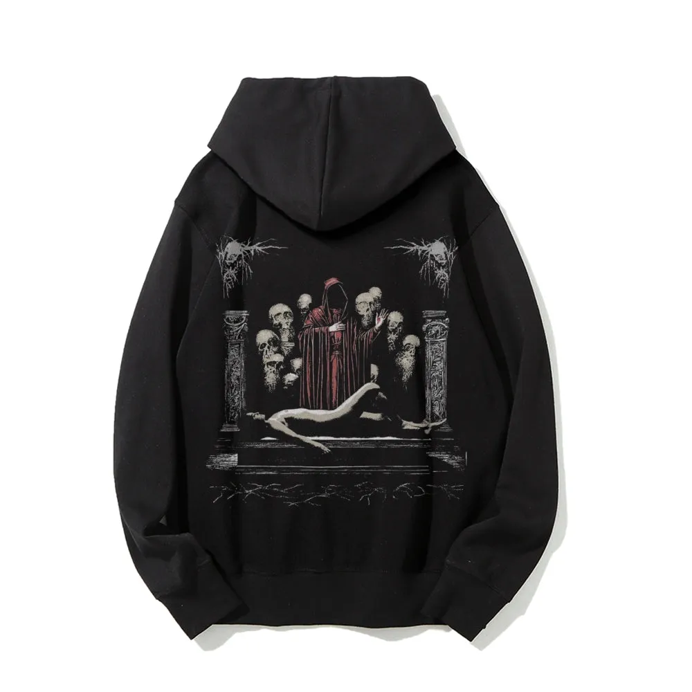 Mens Vintage Evil Death Darkness Style Print  Graphic Pullover With Kangaroo Pocket Hoodies