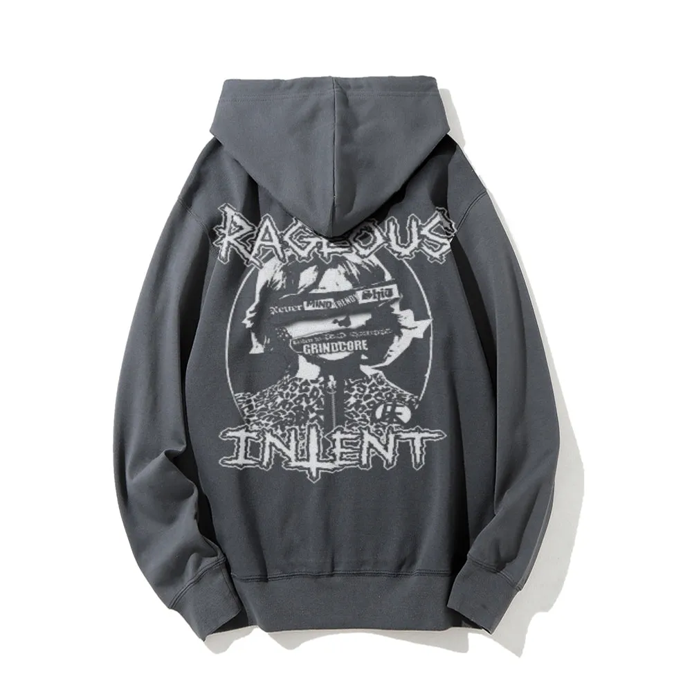 Mens Vintage Rageous Intent Darkness Style Print Graphic Pullover With Kangaroo Pocket Hoodies