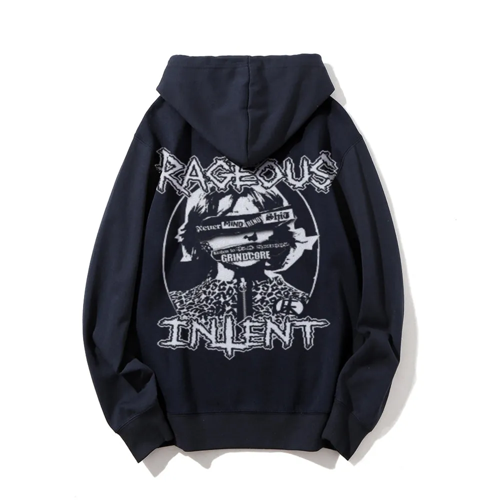 Mens Vintage Rageous Intent Darkness Style Print Graphic Pullover With Kangaroo Pocket Hoodies