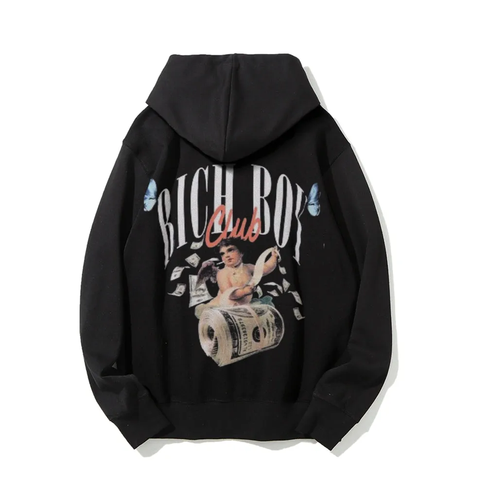 Mens Vintage Rich Boy Dollar Cartoon Style Print Graphic Pullover With Kangaroo Pocket Hoodies