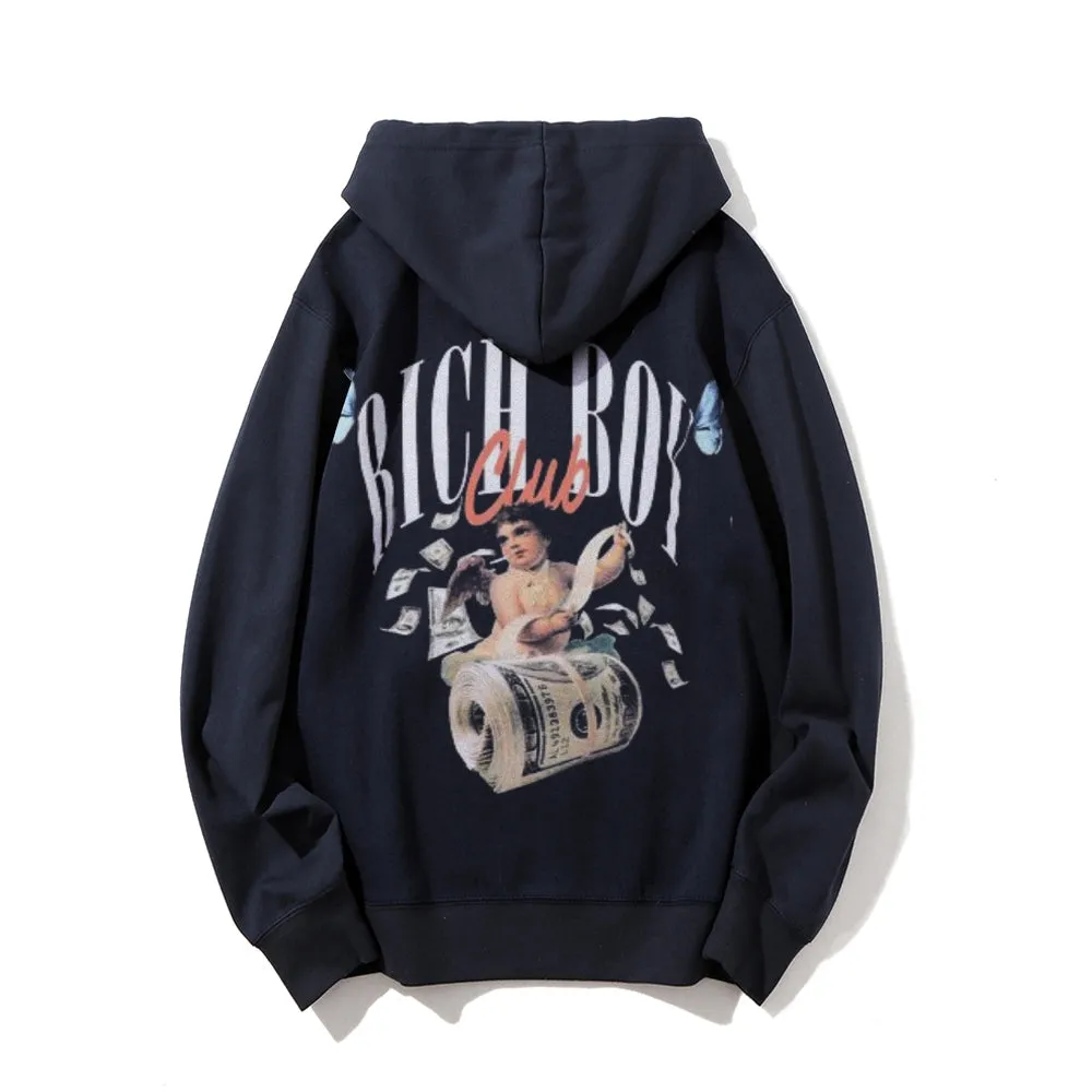 Mens Vintage Rich Boy Dollar Cartoon Style Print Graphic Pullover With Kangaroo Pocket Hoodies