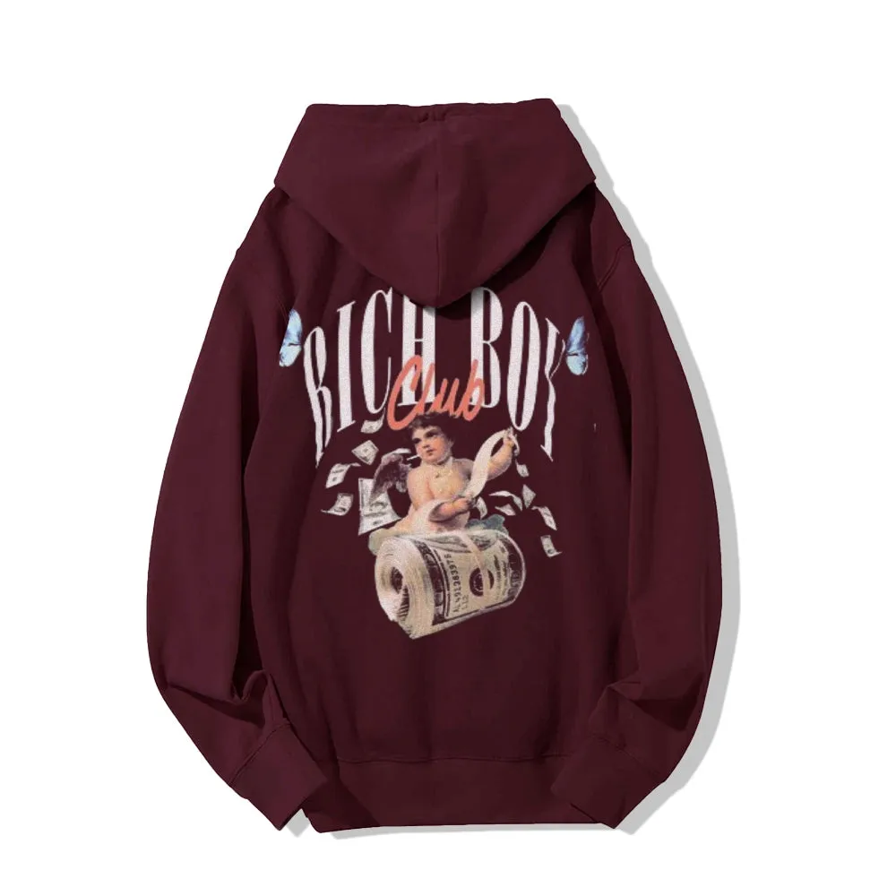 Mens Vintage Rich Boy Dollar Cartoon Style Print Graphic Pullover With Kangaroo Pocket Hoodies