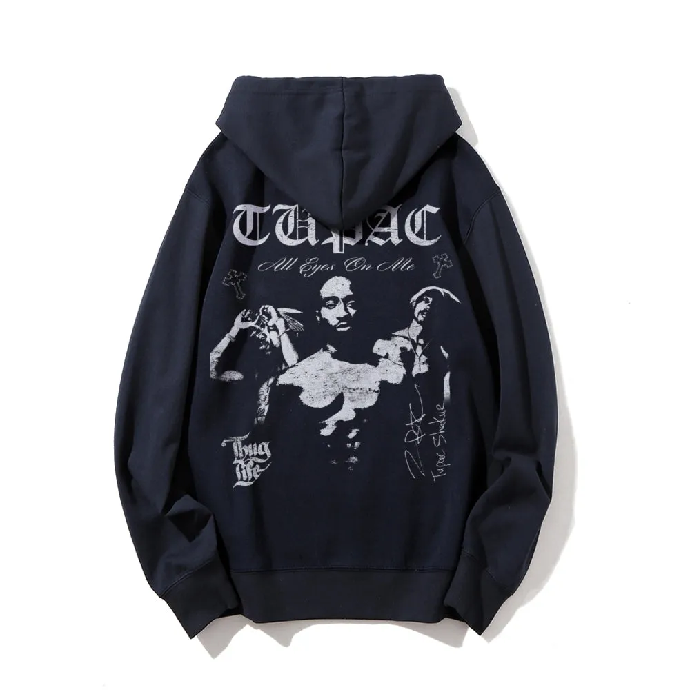 Mens Vintage Tupac Darkness Style Print Graphic Pullover With Kangaroo Pocket Hoodies