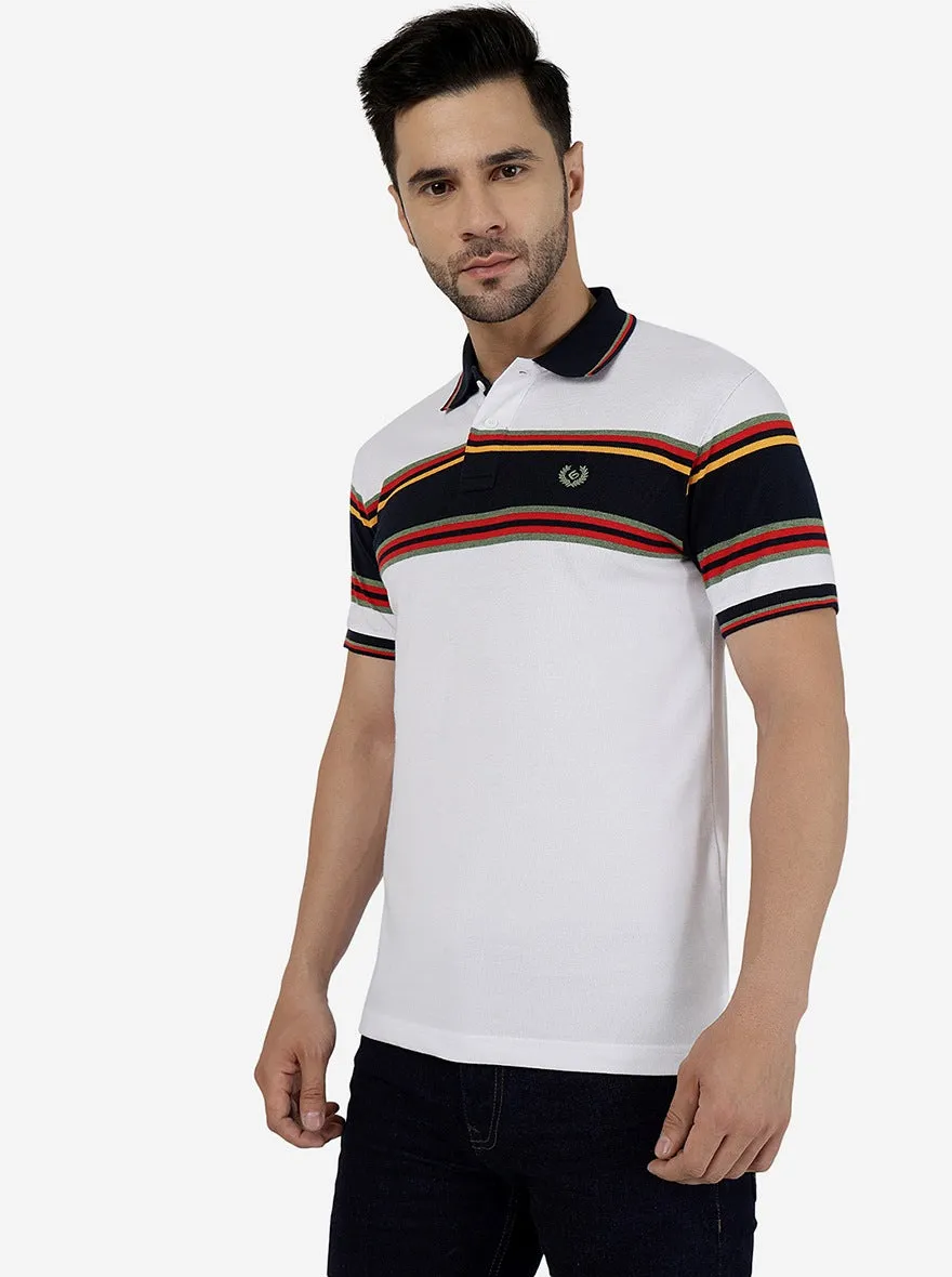 Navy Blue & White Striped Slim Fit Polo T-Shirt | Greenfibre