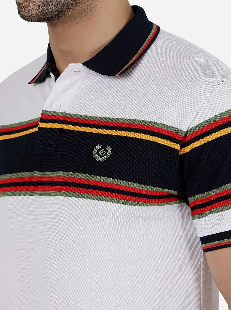 Navy Blue & White Striped Slim Fit Polo T-Shirt | Greenfibre