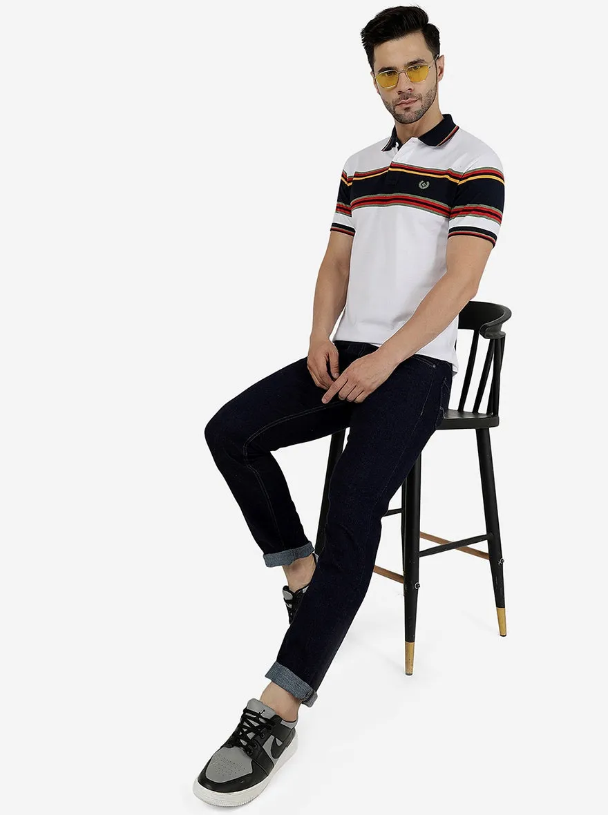 Navy Blue & White Striped Slim Fit Polo T-Shirt | Greenfibre