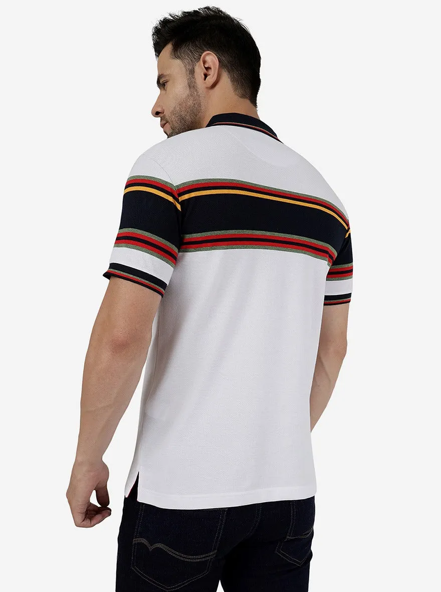 Navy Blue & White Striped Slim Fit Polo T-Shirt | Greenfibre