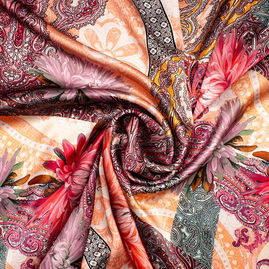 Pink/Red Floral & Orange Paisley Silk Satin (A 2.85m Piece)