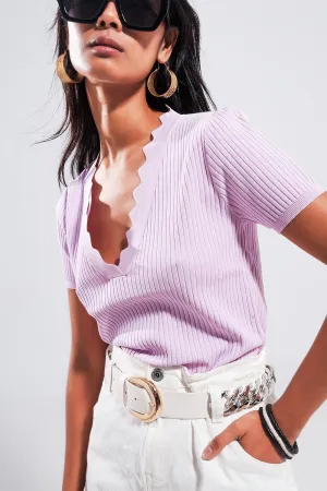 Ribbed v Neck Jumper in Lilac