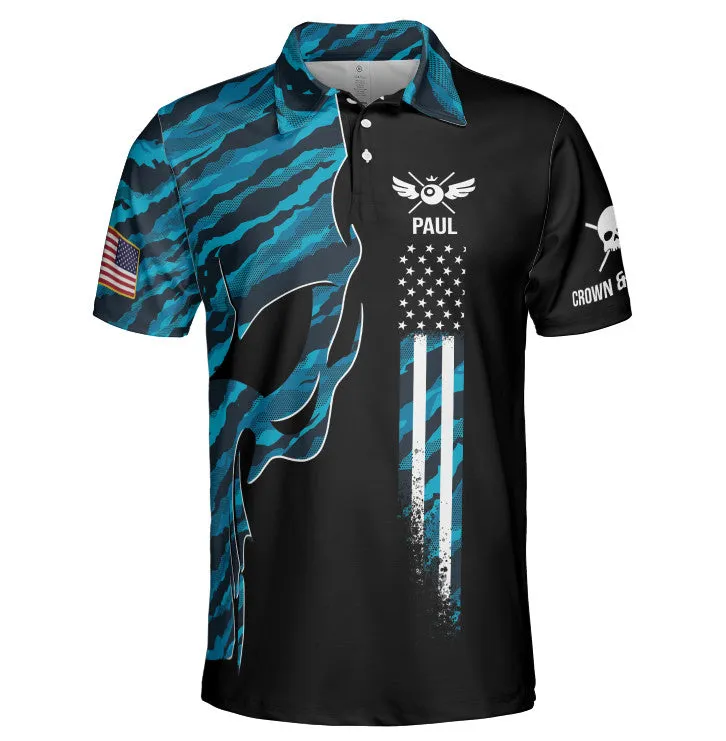 Skull Blue Camouflage Custom Billiard Shirts for Men, Men's Billiard Polo Shirts, Custom Billiard ball for Team Name