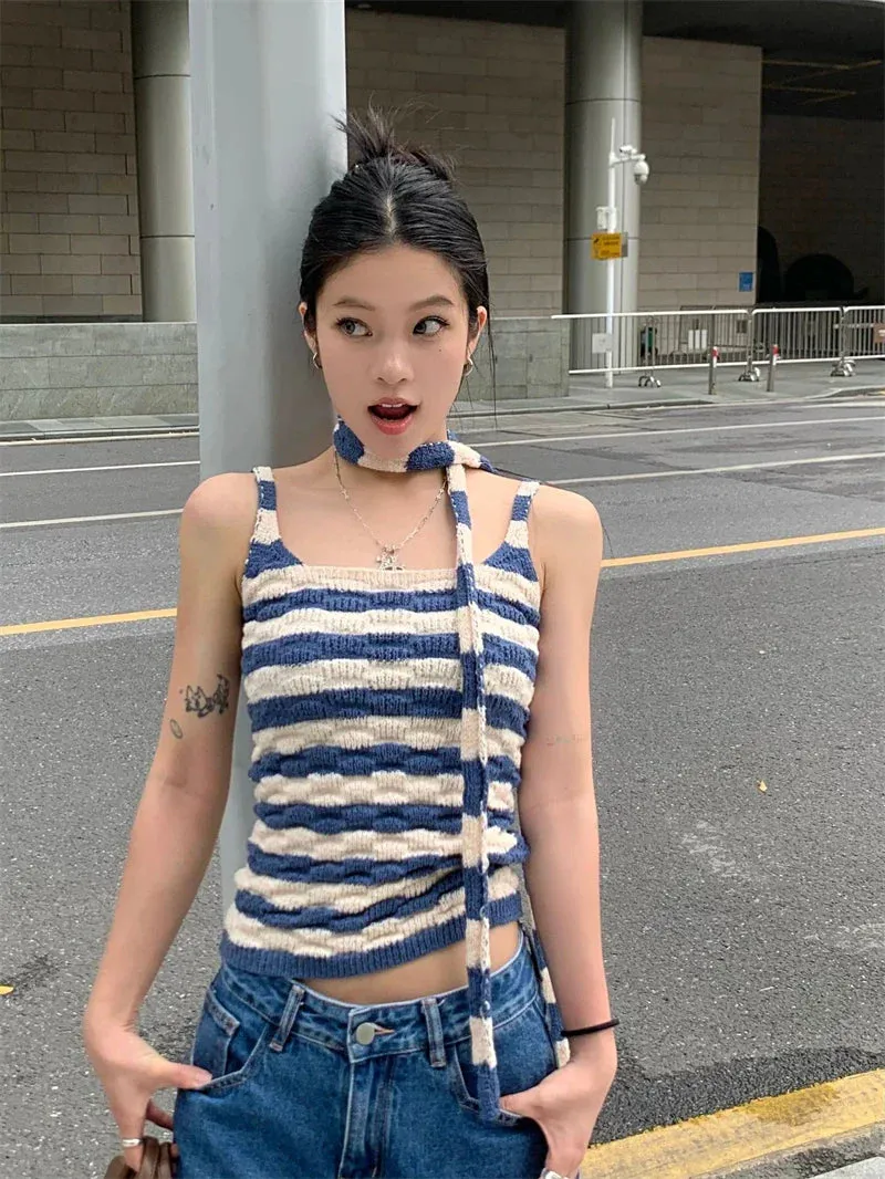 Sleeveless Korean Sweet Fashion Retro Square Collar Benuynffy Cami Summer Striped Halter Crop Knit Short Top